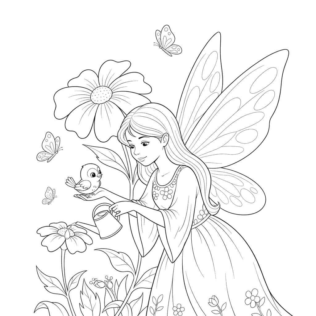 Fairy Helping a Little Bird Coloring Page