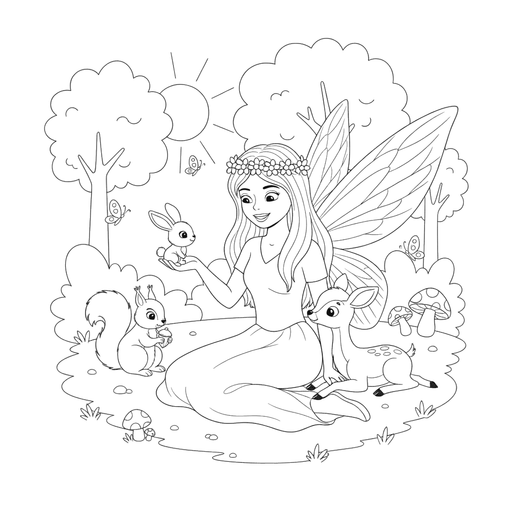 Fairy Playing with Forest Animals Coloring Page