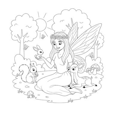Coloriage Fée jouant avec des animaux de la forêt
