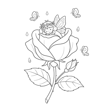 Dibujo para colorear: Hada durmiendo en capullo de rosa