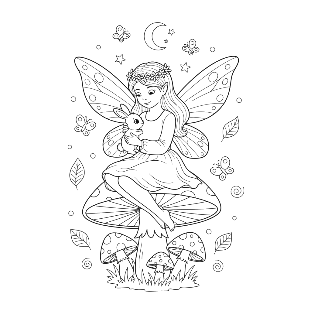 Fairy with a Tiny Bunny Coloring Page