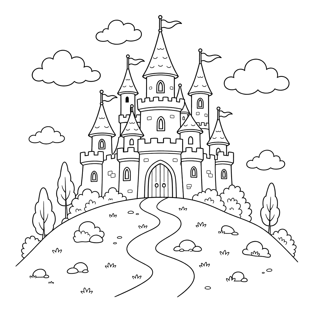 Dibujo para colorear de Castillo de Cuento en la Colina