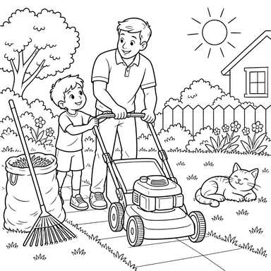 Desenho para colorir de pai e filho com cortador de grama