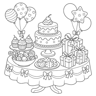 Dibujo para colorear de Mesa de Fiesta con Regalos