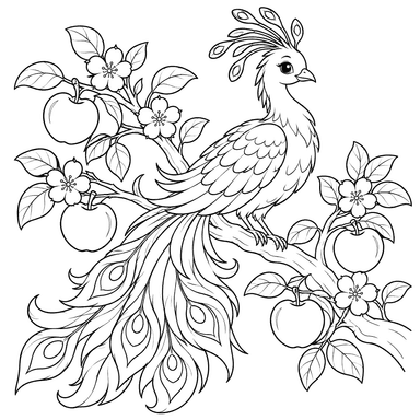 Pássaro de fogo no galho de macieira para colorir