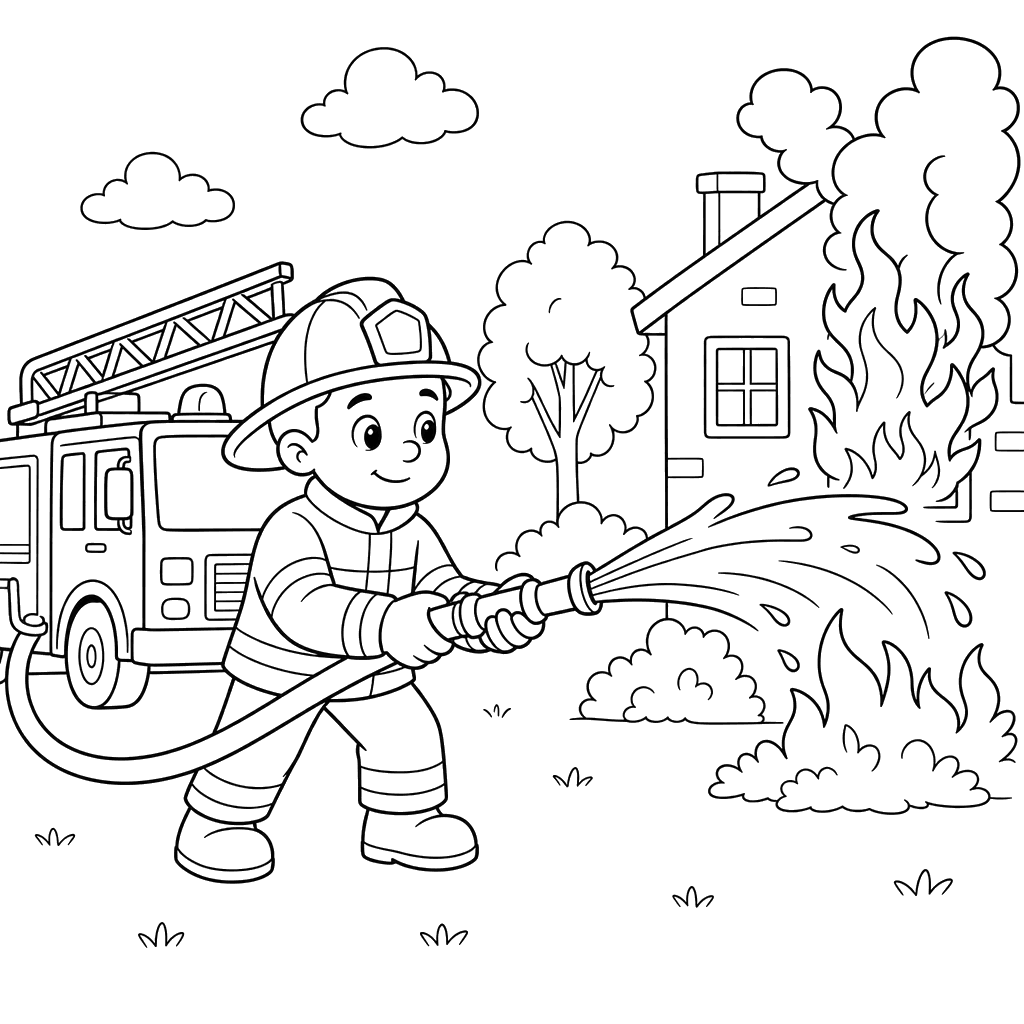 Desenho de Bombeiro apagando o fogo para colorir