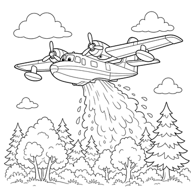 Coloriage Avion de pompier au-dessus de la forêt