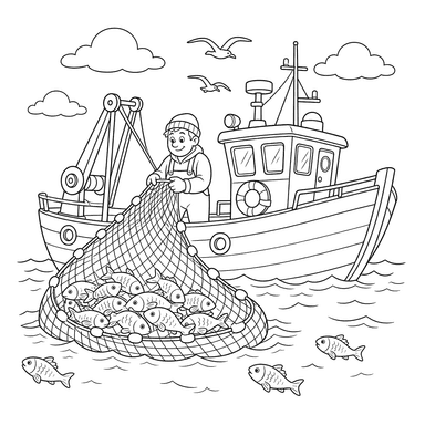 Coloriage Bateau de pêche remontant ses filets
