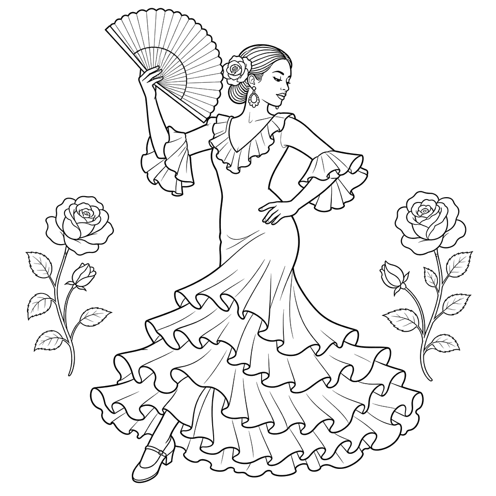 Ausmalbild Flamenco-Tänzerin mit Fächer