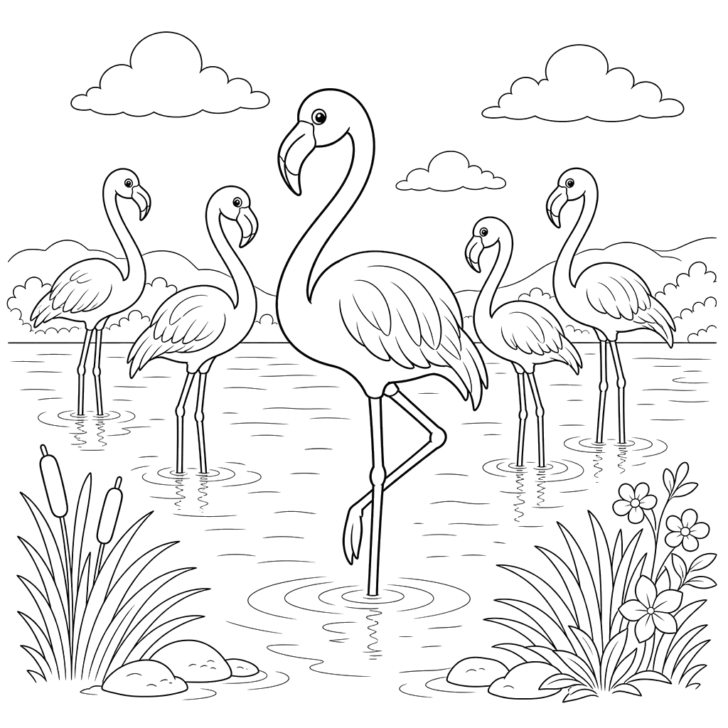 Coloriage Flamants roses sur le lac