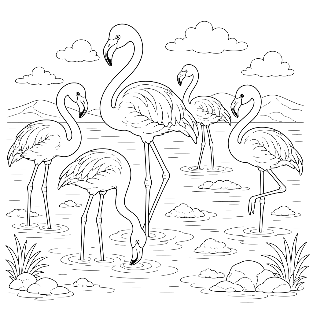 Flamingos on Lake Coloring Page