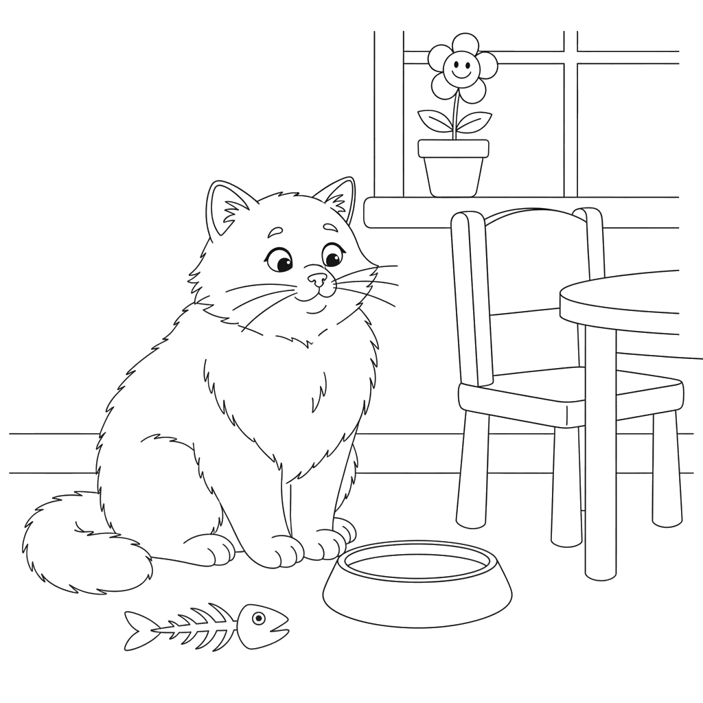 Gato fofinho no café da manhã para colorir