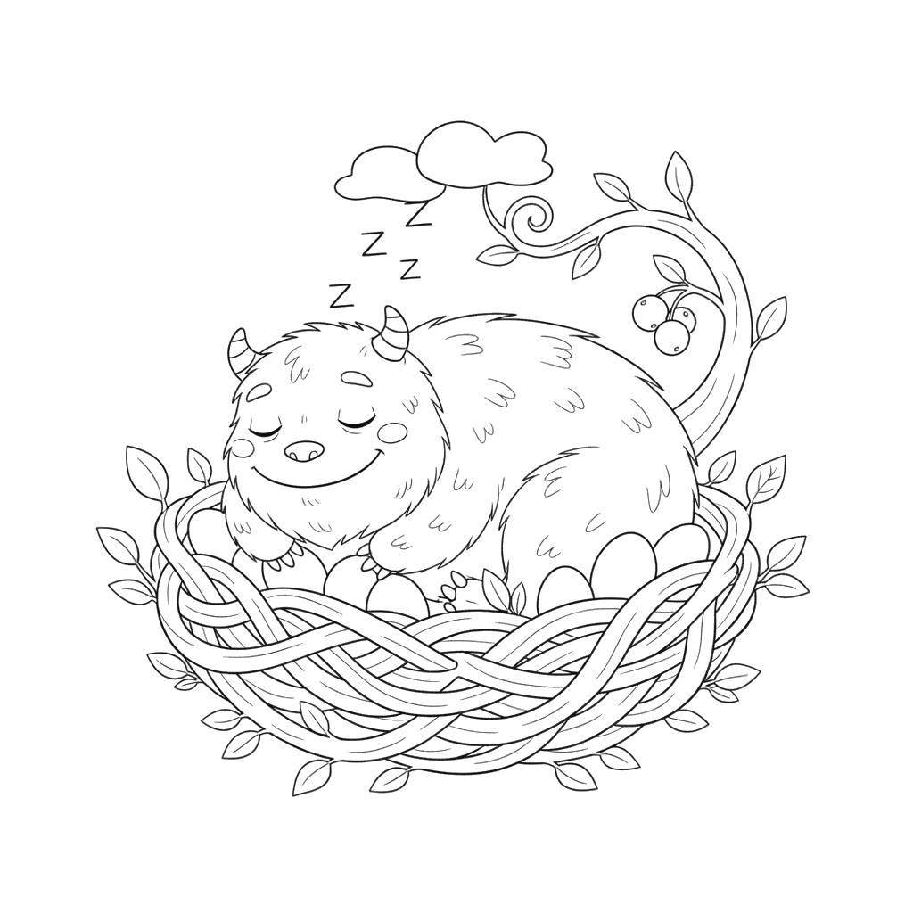 Flauschiges Monster schläft im Nest Ausmalbild