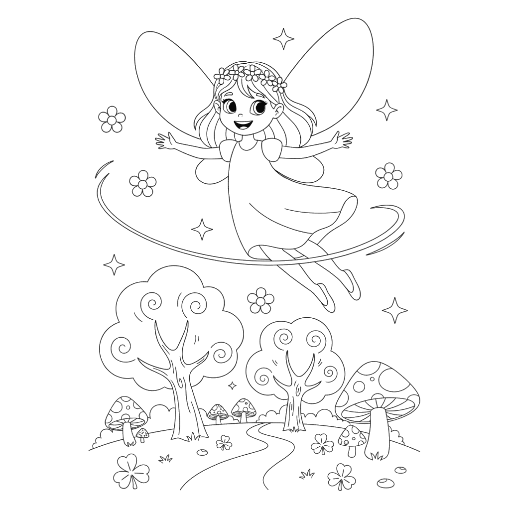 Flying Fairy Forest Glade Coloring Page