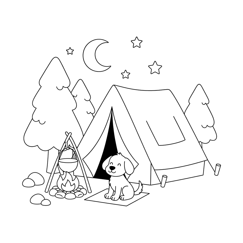 Acampamento na floresta com cachorro para colorir