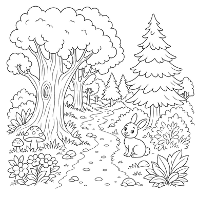 Dibujo para colorear: paisaje forestal con sendero