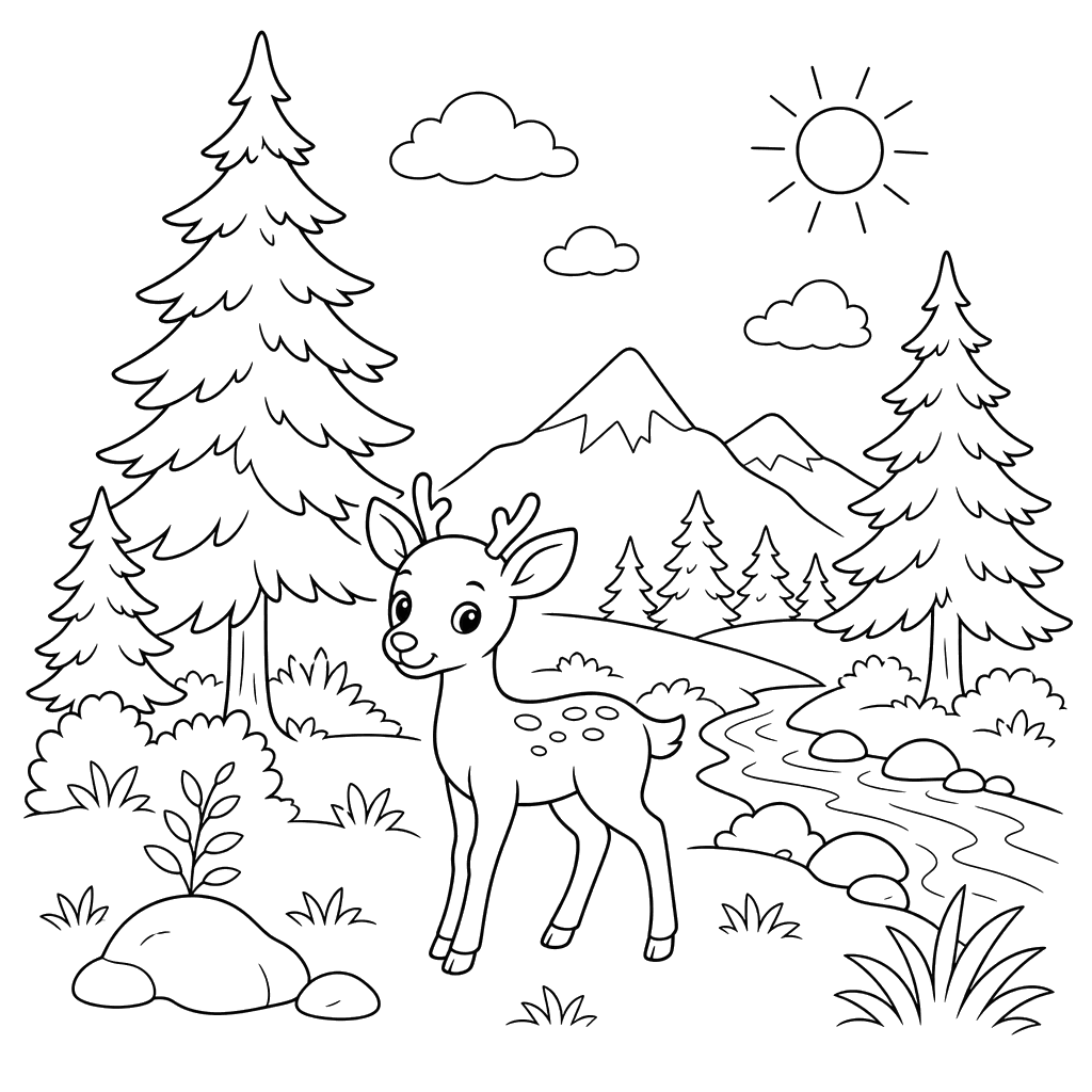 Dibujo para colorear: paisaje forestal con altos abetos