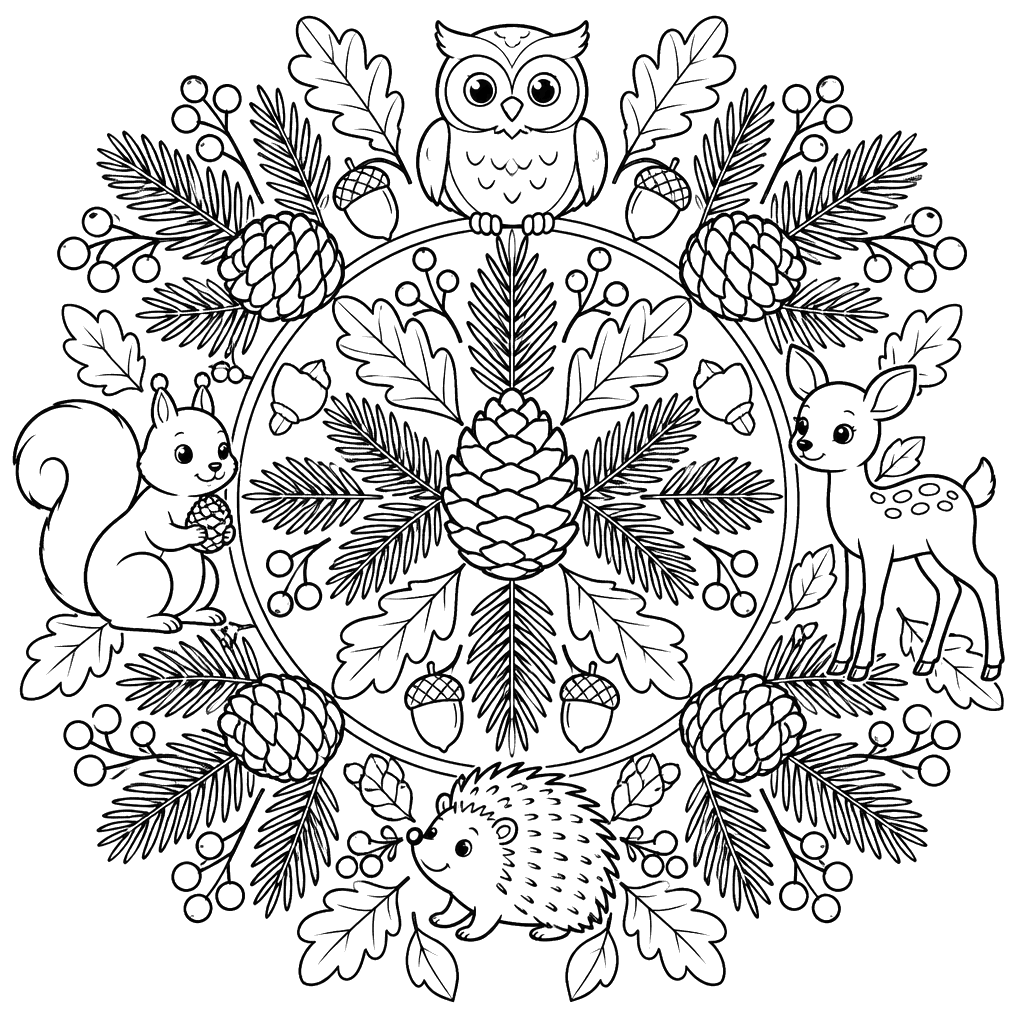 Mandala da floresta com pinhas e ramos
