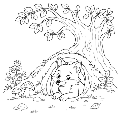 Coloriage Renard dans son terrier sous l'arbre