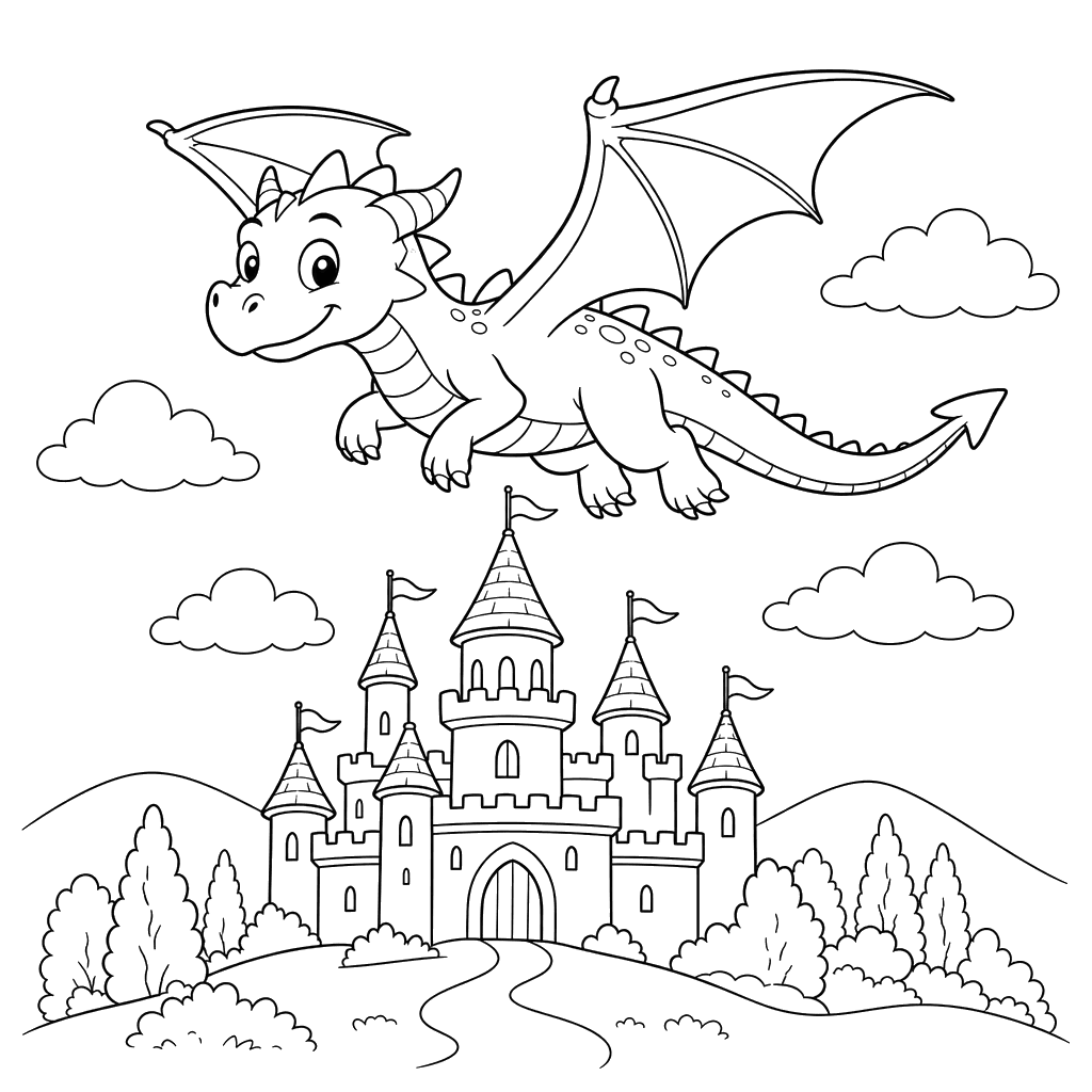 Dragon gentil au-dessus du château