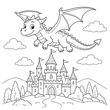Freundlicher Drache über der Burg