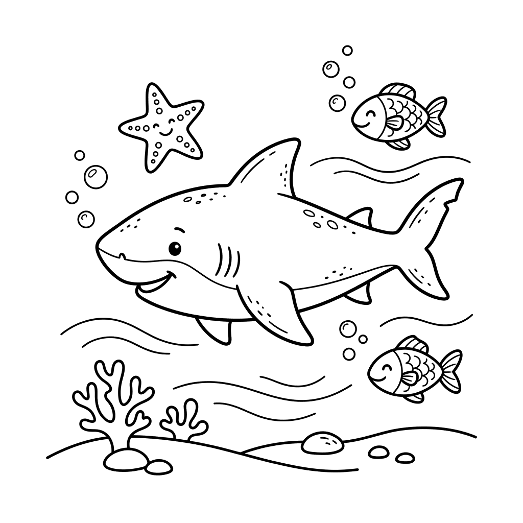 Dibujo para colorear Tiburón Amigable en Agua Azul
