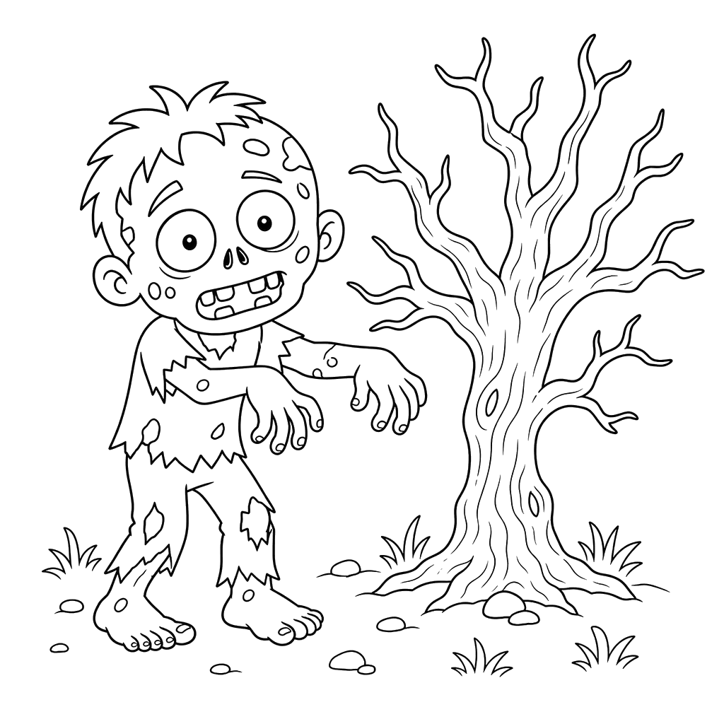 Coloriage Zombie amical et arbre sec
