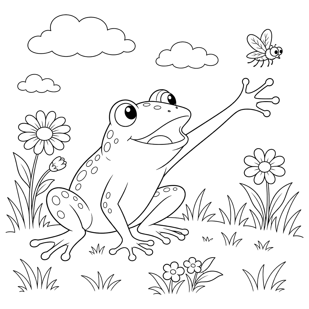 Frosch fängt Fliege auf der Wiese