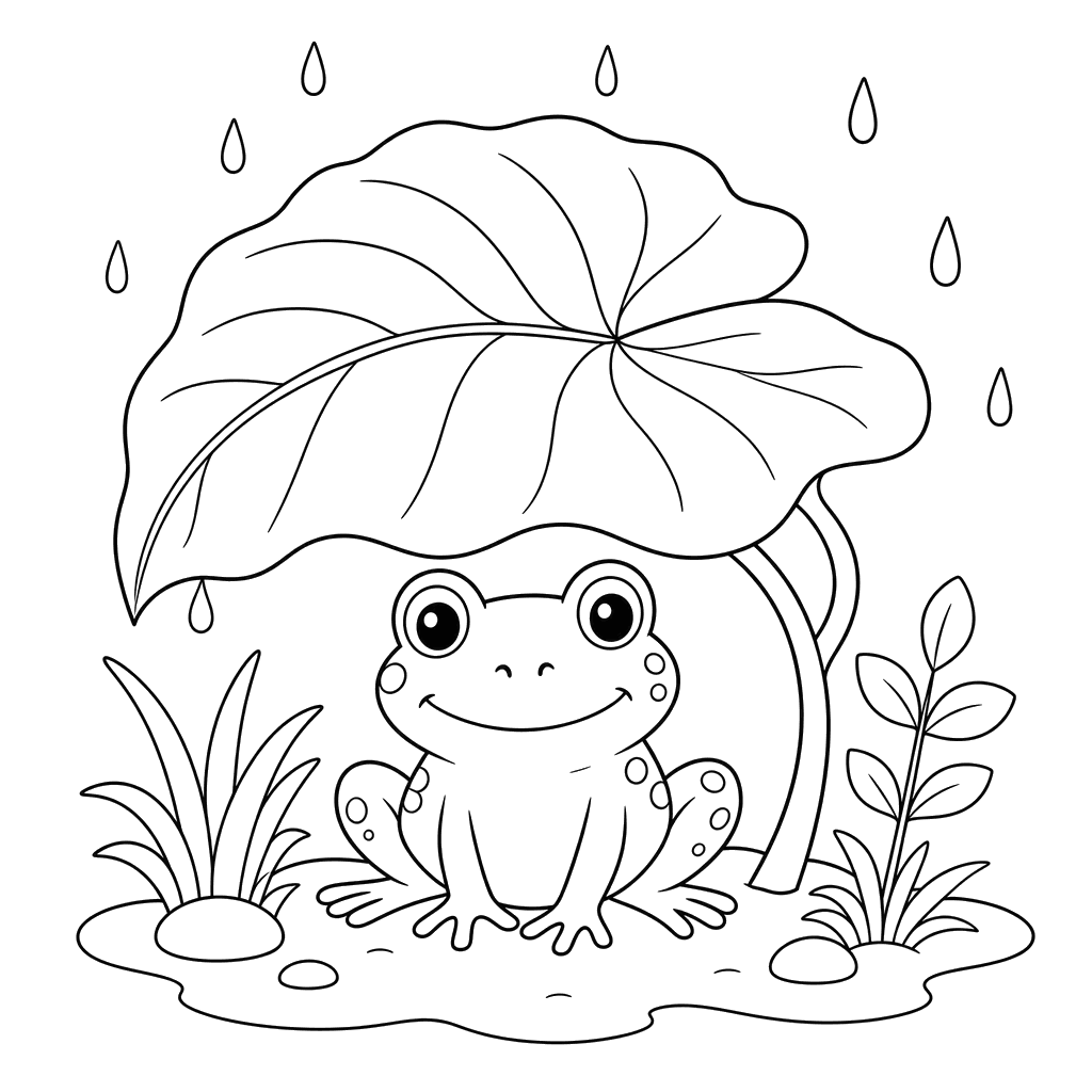 Frosch unter großem Blatt — Ausmalbild