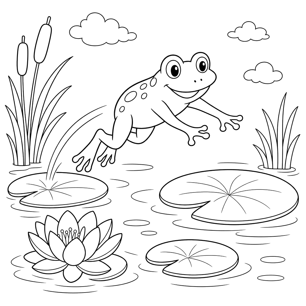 Frosch zwischen Seerosen — Ausmalbild