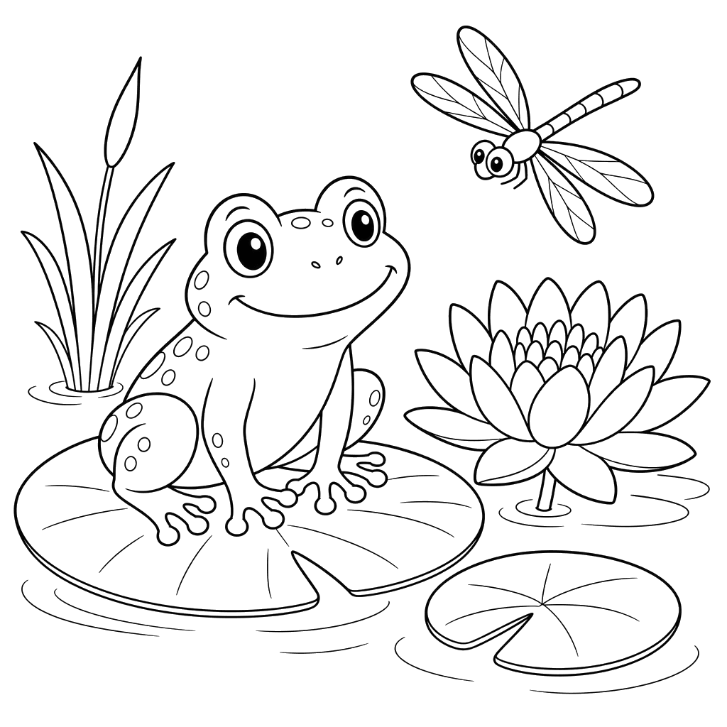 Frosch neben Seerose und Libelle — Ausmalbild