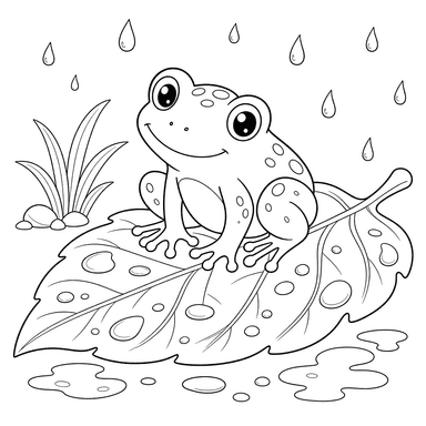 Frosch auf Blatt nach Regen — Ausmalbild