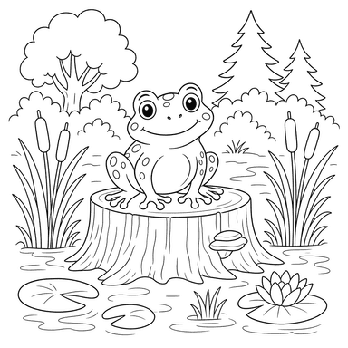Frosch auf einem Baumstumpf — Ausmalbild