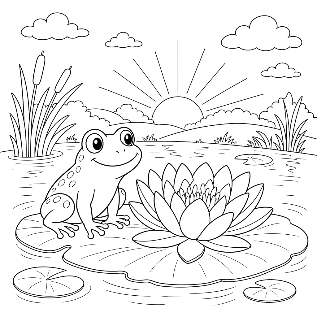 Frosch auf Seerose bei Sonnenaufgang