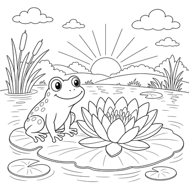 Frosch auf Seerose bei Sonnenaufgang