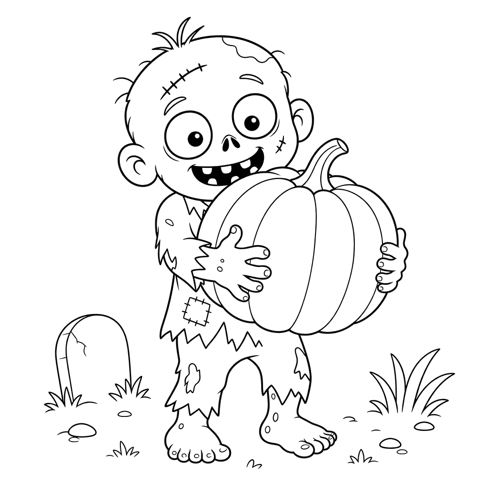 Coloriage de Zombie Rigolo avec une Citrouille