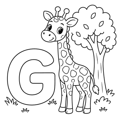 Lettre anglaise G avec une girafe et un arbre