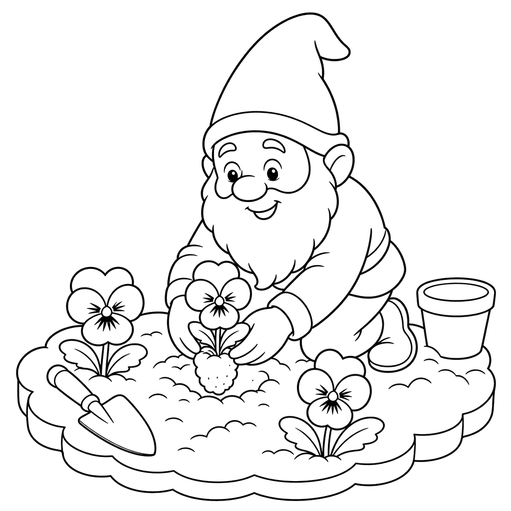 Gnomo de jardim plantando pensamentos para colorir