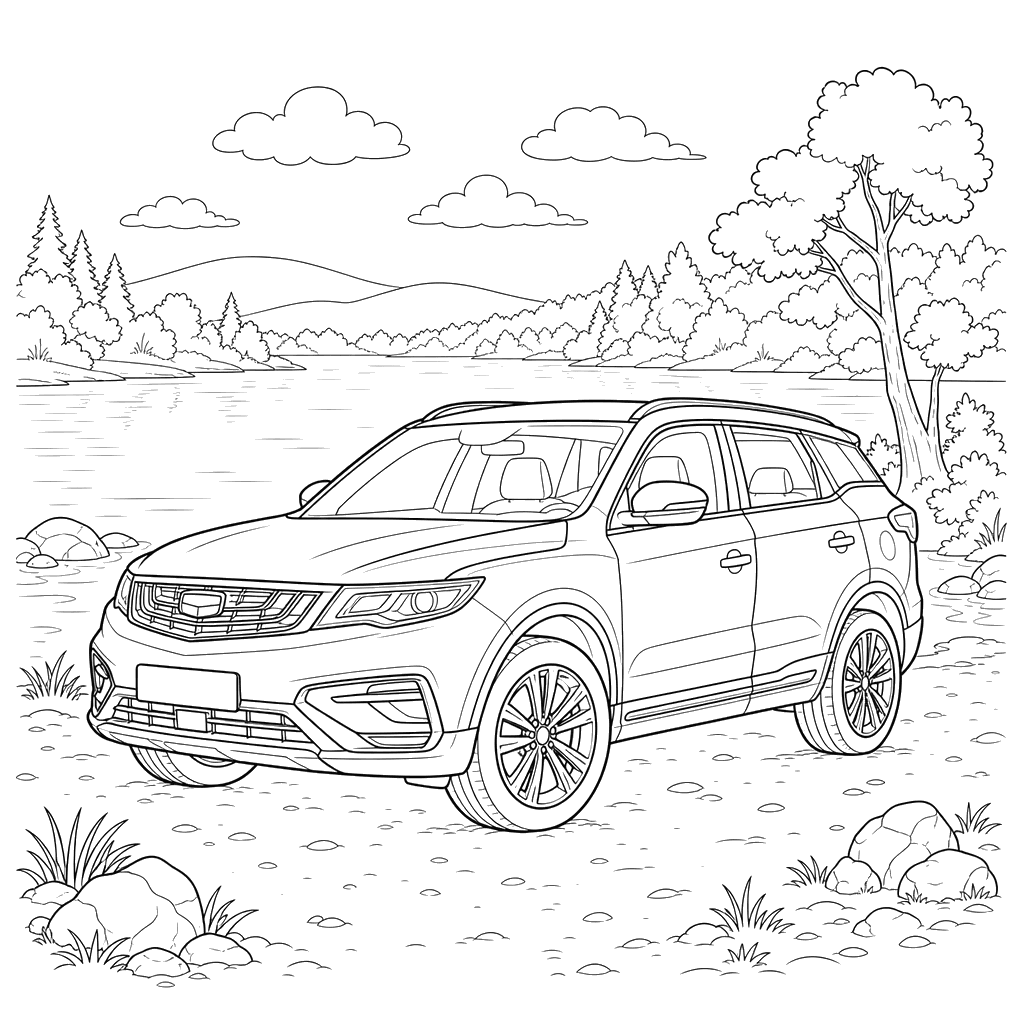 Desenho para colorir: Geely Atlas perto do lago