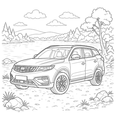 Desenho para colorir: Geely Atlas perto do lago
