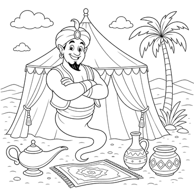 Coloriage Génie sous Tente dans le Désert