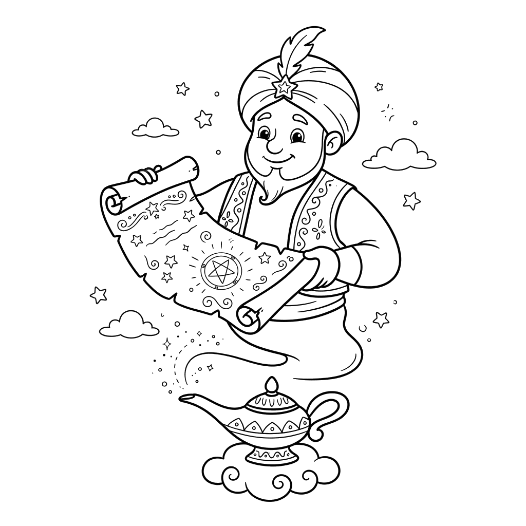 Dibujo para Colorear Genio con Pergamino Mágico