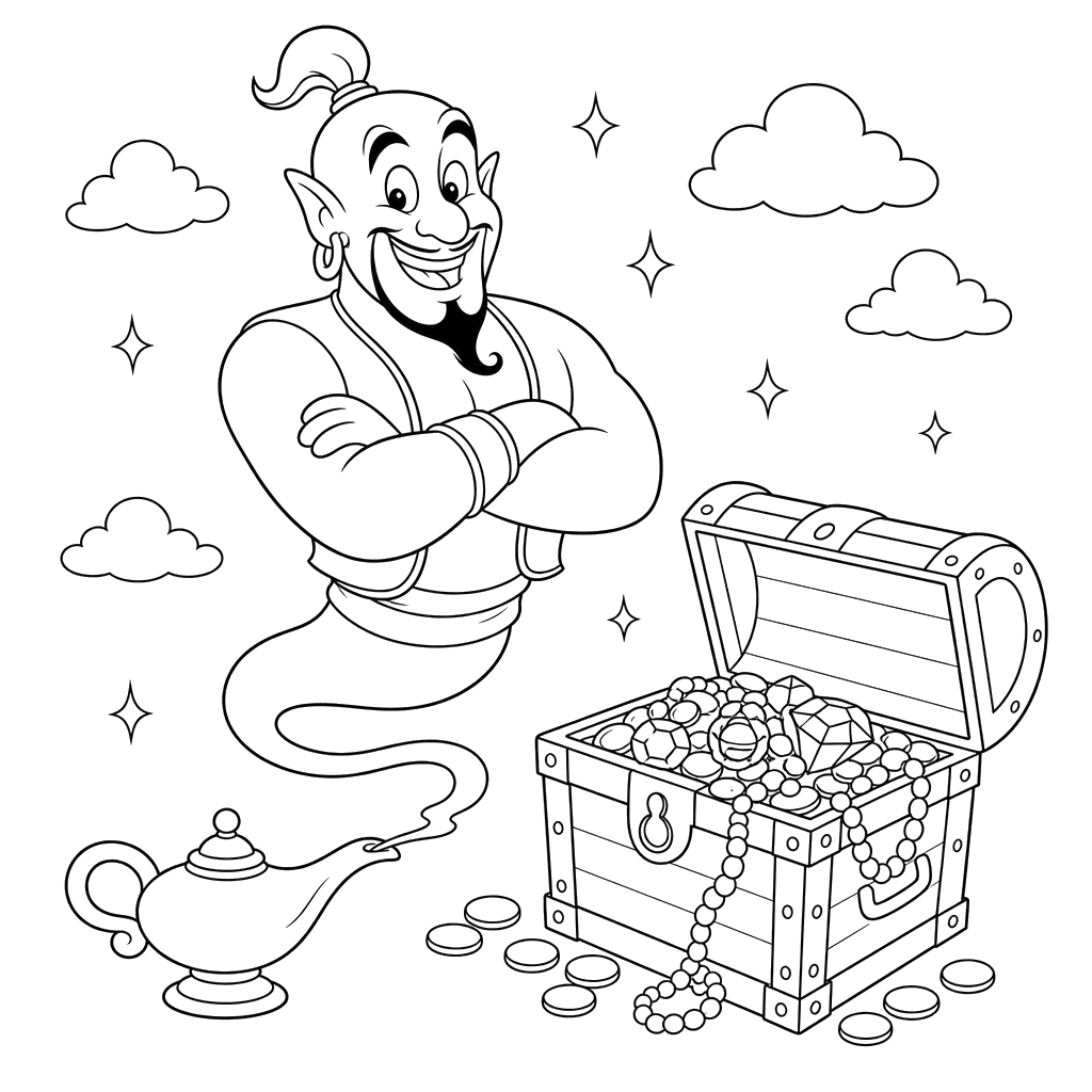 Coloriage Génie et Coffre au Trésor