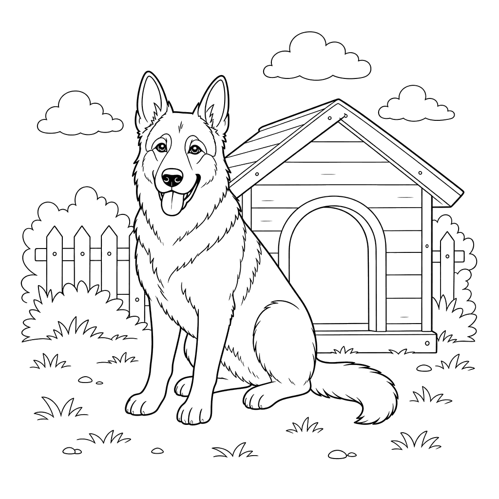 Pastor alemão perto da casota — desenho para colorir
