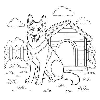 Pastor alemão perto da casota — desenho para colorir