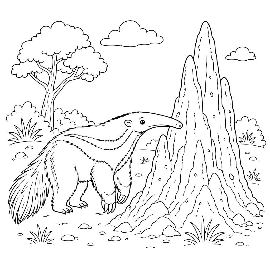 Coloriage Grand tamanoir près de la termitière