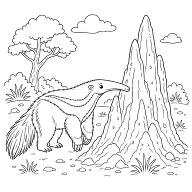Coloriage Grand tamanoir près de la termitière