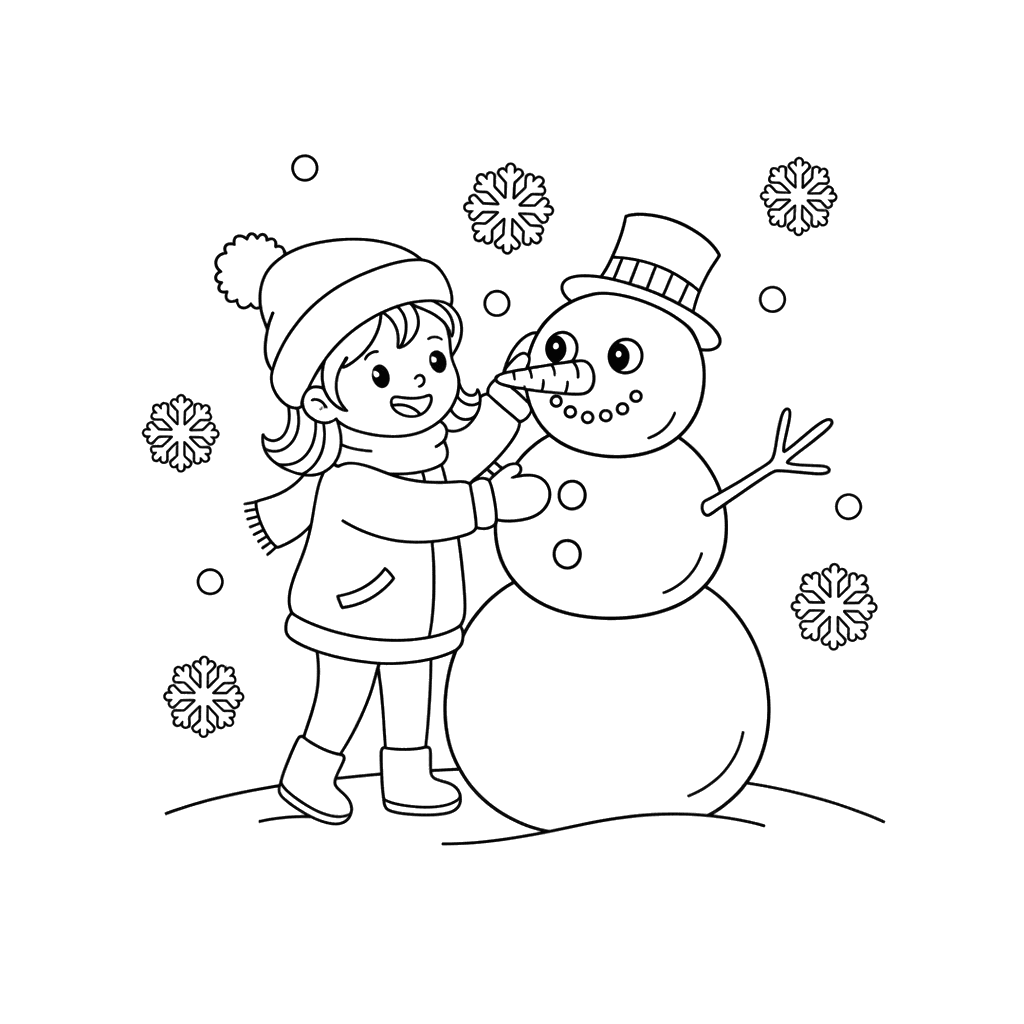 Menina construindo um boneco de neve para colorir