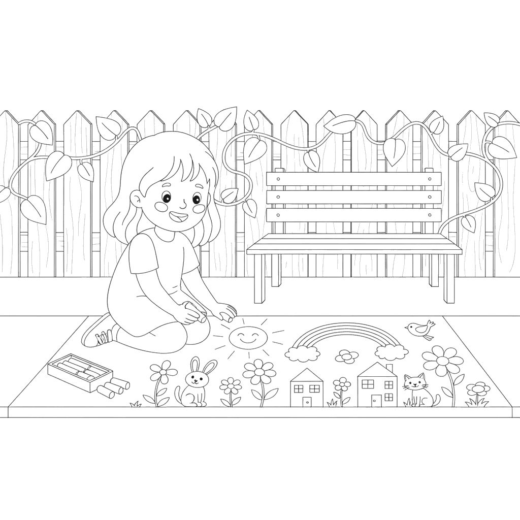 Menina desenhando com giz na calçada para colorir