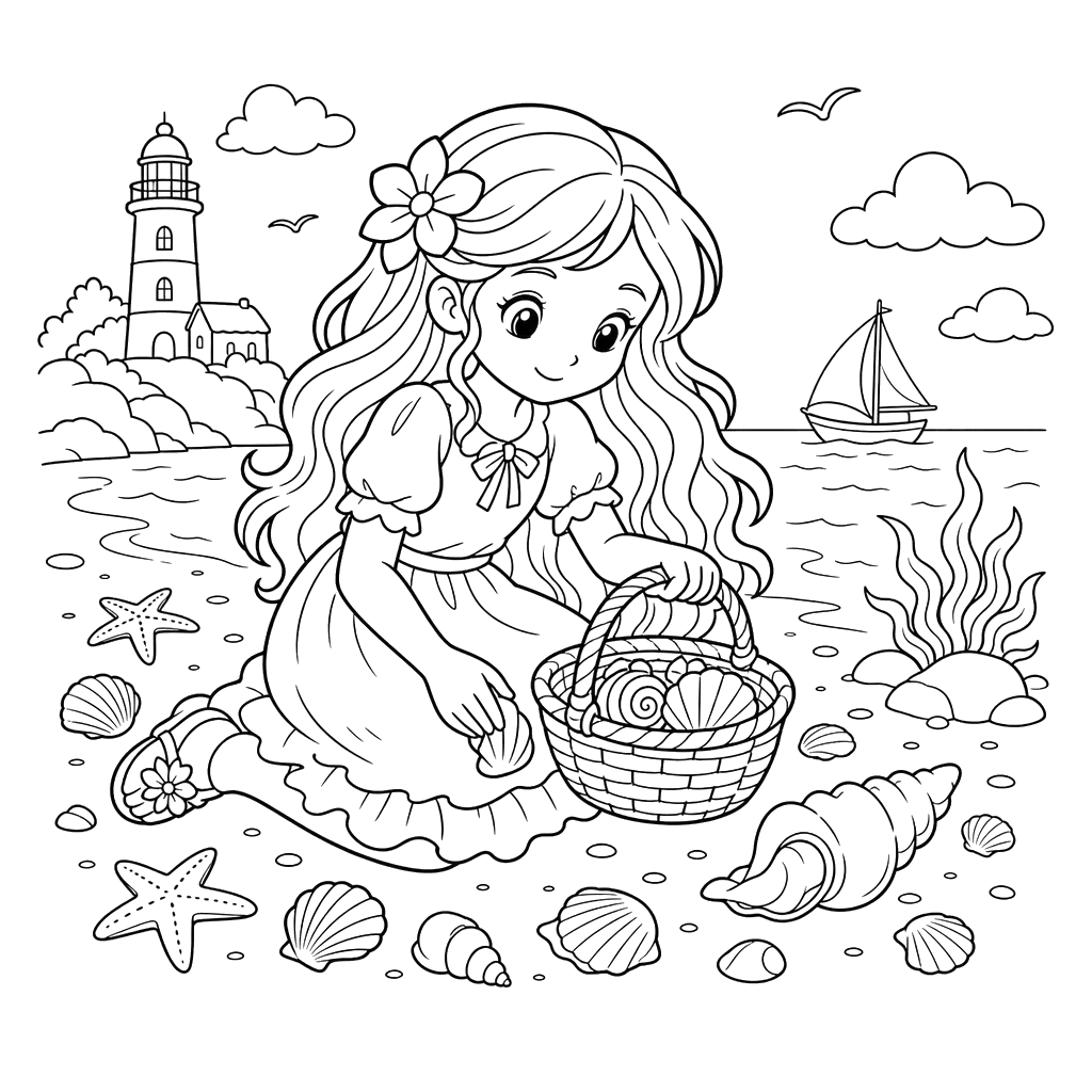 Niña con cabello largo recogiendo conchas — dibujo para colorear